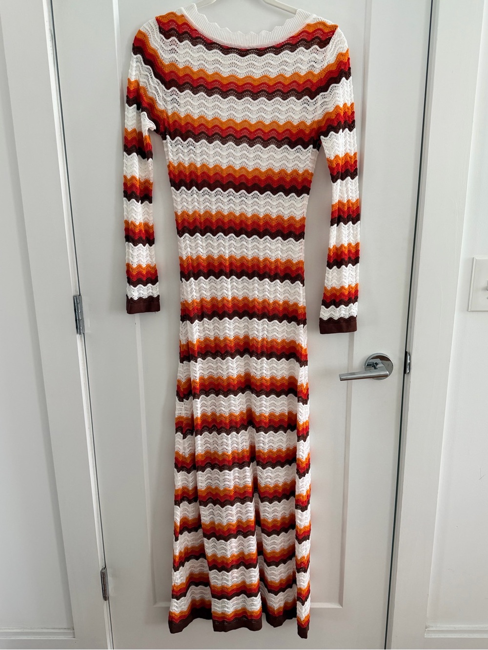 Crochet Knit Maxi Dress Orange Red Brown White Long Sleeve
